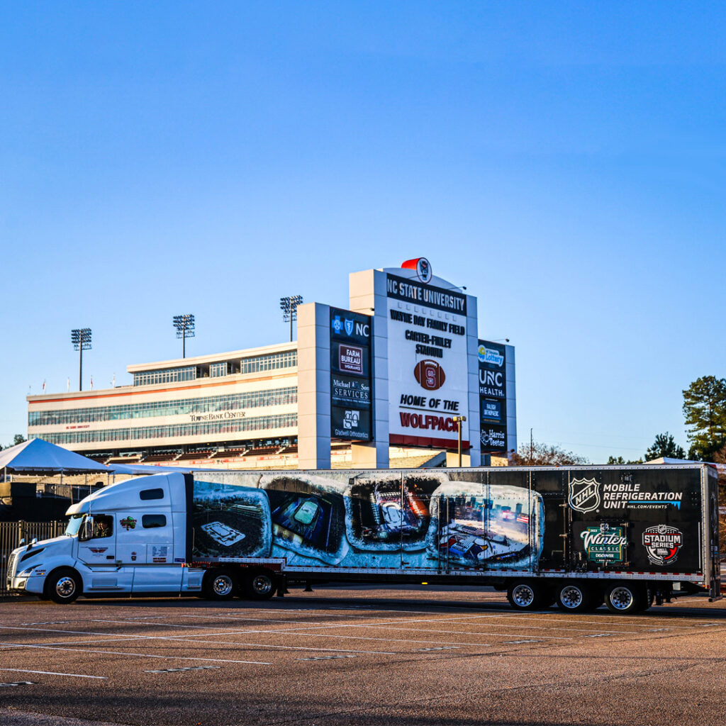A photo of the NHL's mobile refrigeration unit truck parked outside Carter-Finley Stadium