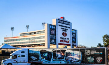 A photo of the NHL's mobile refrigeration unit truck parked outside Carter-Finley Stadium