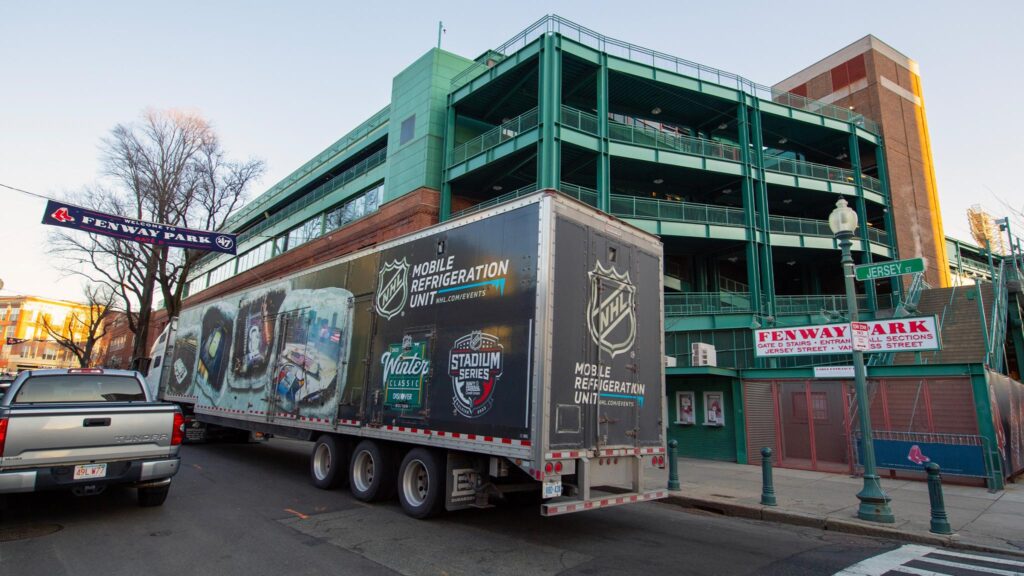A photo of the NHL's mobile refrigeration unit prior to the 2023 Winter Classic outdoor game