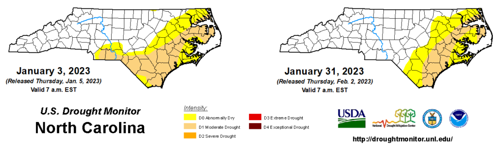 A comparison of drought maps from January 3 and 31, 2023, in North Carolina