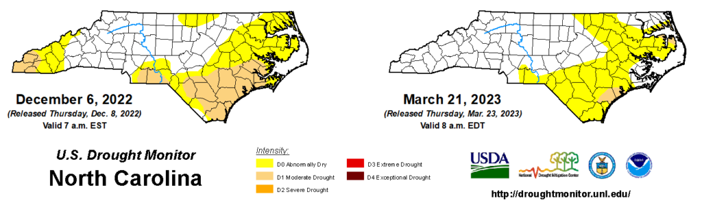 A comparison of drought maps from December 6, 2022, and March 21, 2023, in North Carolina