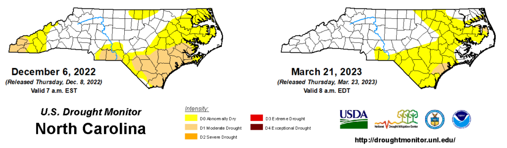 Comparison of drought maps from December 6, 2022 and March 21, 2023 in North Carolina