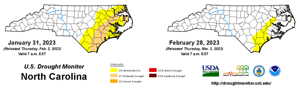 A comparison of drought maps from January 31 and February 28, 2023, in North Carolina