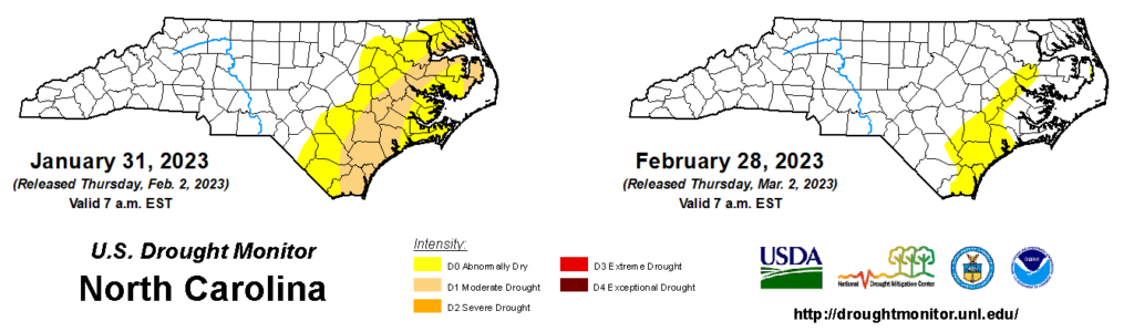 Comparison of drought maps from January 31 and February 28, 2023, in North Carolina