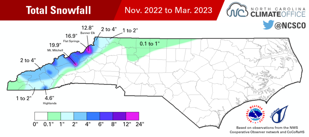 A map of total snowfall in North Carolina from November 2022 through March 2023.