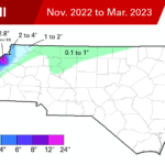 A map of total snowfall in North Carolina from November 2022 through March 2023.