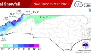 A map of total snowfall in North Carolina from November 2022 through March 2023.
