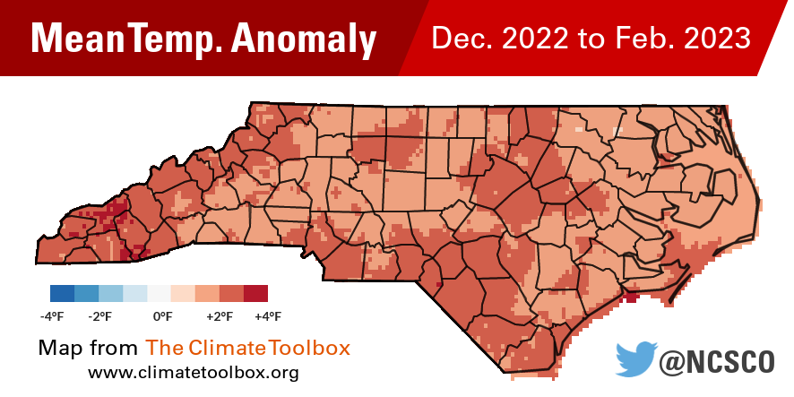 A map of mean temperature anomalies in North Carolina during winter 2022-23