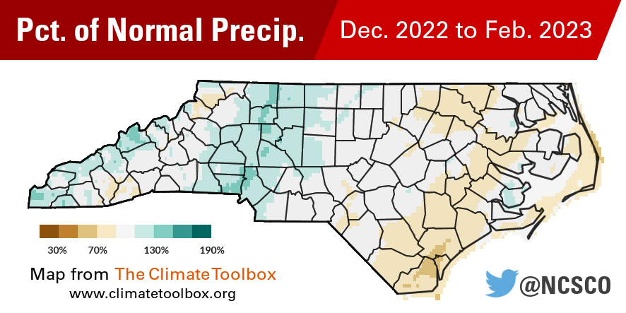 A map of percent of normal precipitation in North Carolina during winter 2022-23