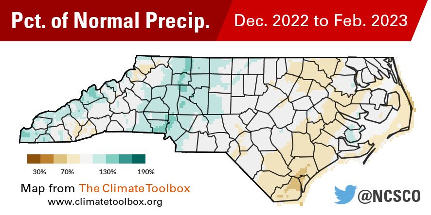 North Carolina Percentage Normal Precipitation Map for Winter 2022-23