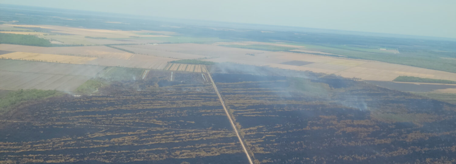 An aerial photo of smoldering on the site of the Last Resort wildfire