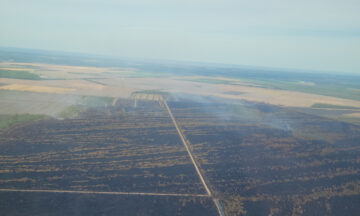 An aerial photo of smoldering on the site of the Last Resort wildfire