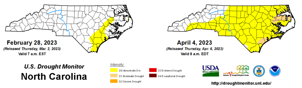 A comparison of drought maps from February 28 and March 28, 2023, in North Carolina