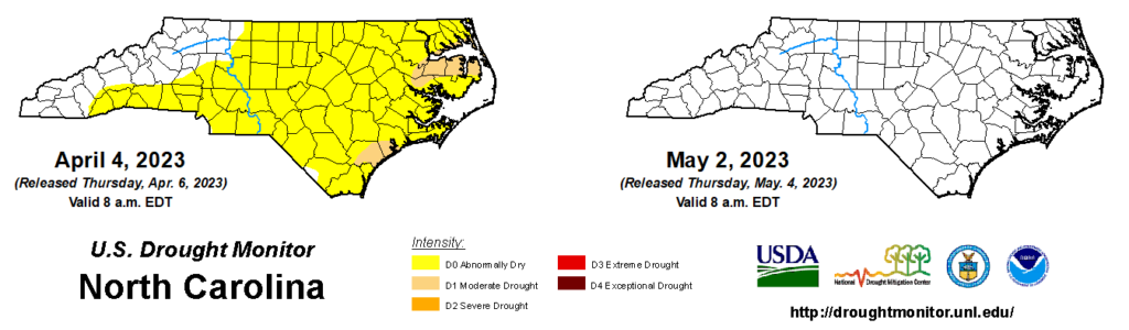 A comparison of drought maps from April 4 and May 2, 2023, in North Carolina