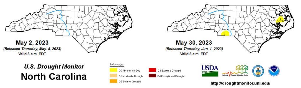 A comparison of drought maps from May 2 and May 30, 2023, in North Carolina