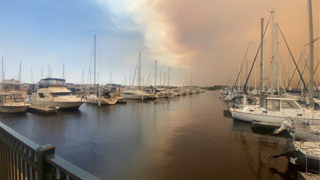 A photo of smoke over New Bern from the Great Lakes Fire on April 21