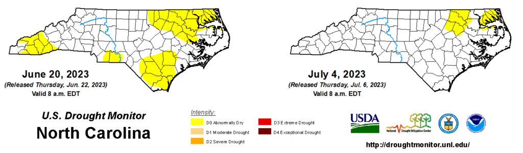 A comparison of drought maps from June 20 and July 4, 2023, in North Carolina