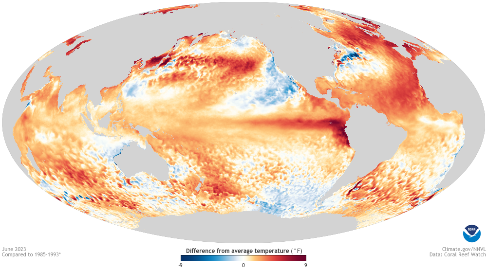 A map of global sea surface temperature anomalies in June 2023