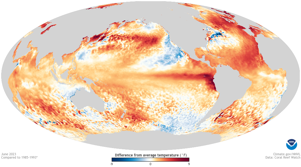 Map of global sea surface temperature anomalies in June 2023