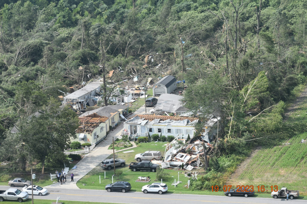 An aerial photo of tornado-damaged homes in Edgecombe County