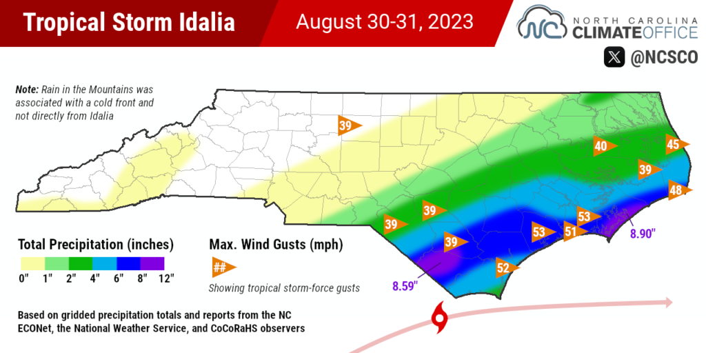 A map of precipitation totals and maximum wind gusts during Hurricane Idalia on August 30-31, 2023