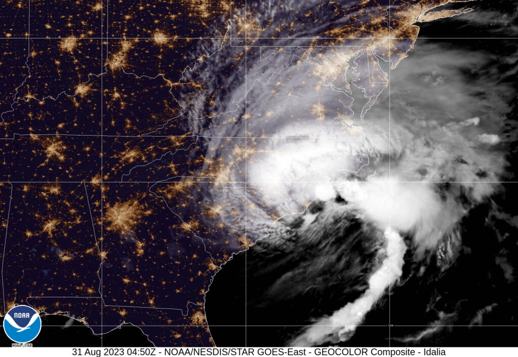 A satellite image of Idalia over eastern North Carolina early on Thursday, August 31