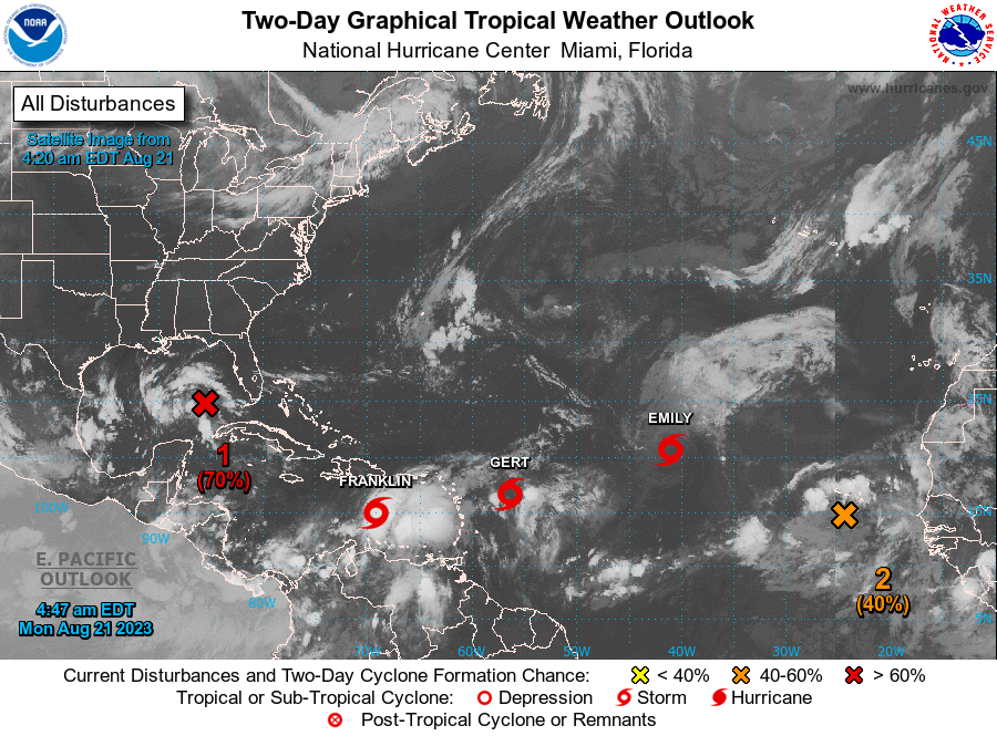 The National Hurricane Center's tropical weather outlook from August 21 showing the locations of multiple named storms