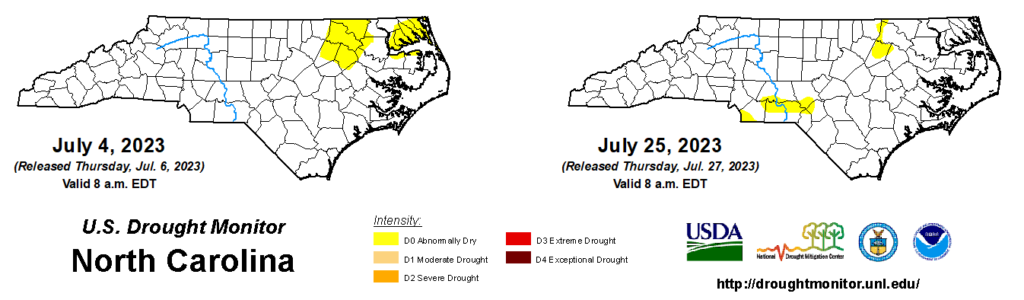 A comparison of drought maps from July 4 and 25, 2023, in North Carolina