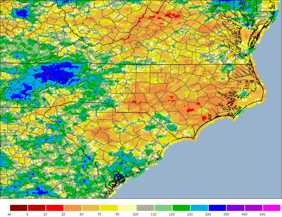 A map of percent of normal precipitation for the 30 days ending on August 22, 2023