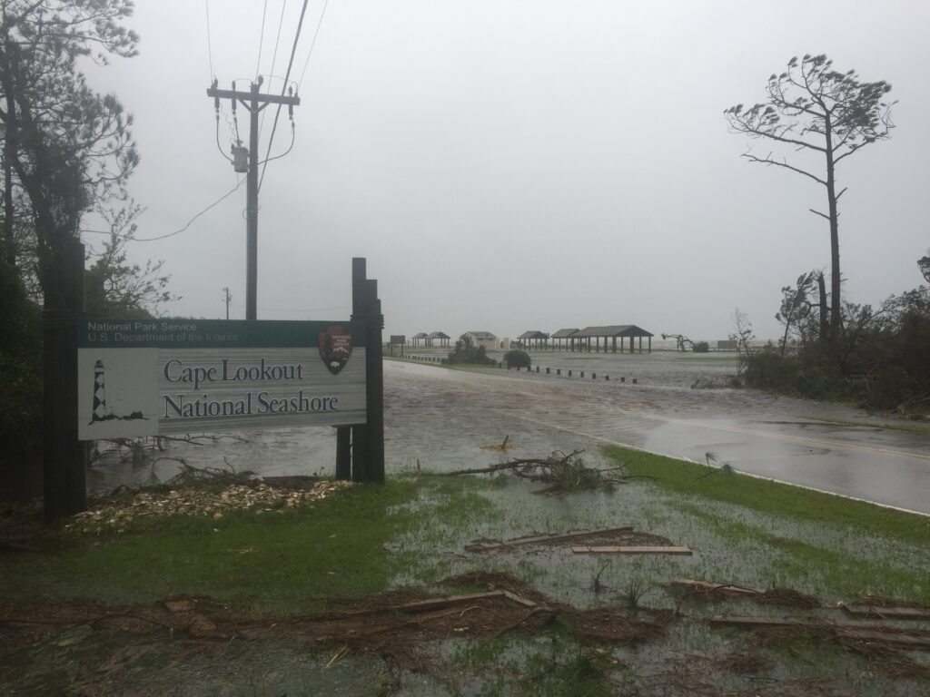A photo of flooding at the entrance to Cape Lookout National Seashore on September 14, 2018