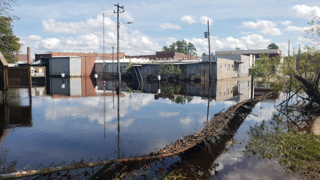 A photo of flooding in Fair Bluff, NC, after Hurricane Florence