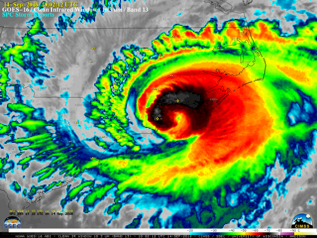 A satellite image of Hurricane Florence just before its landfall on September 14, 2018