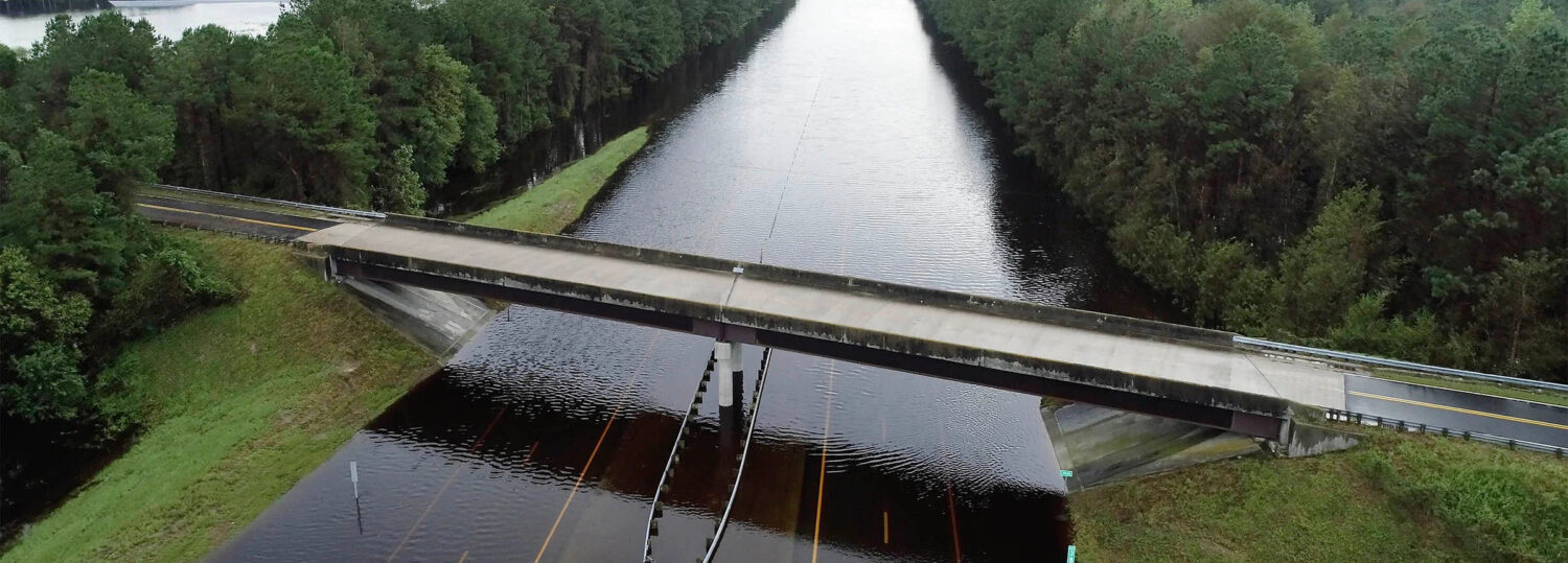An aerial photo of a flooded section of Interstate 40 in Pender County after Hurricane Florence