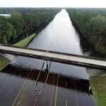 An aerial photo of a flooded section of Interstate 40 in Pender County after Hurricane Florence