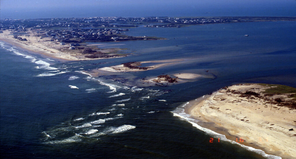 An aerial photo of the inlet in Hatteras Island cut by Hurricane Isabel in 2003