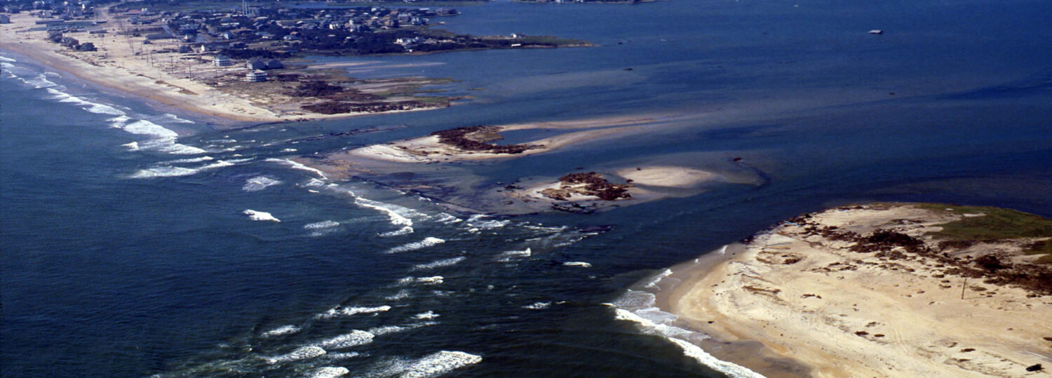 An aerial photo of the inlet in Hatteras Island cut by Hurricane Isabel in 2003