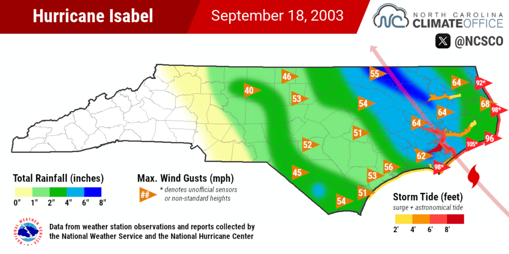 A map of the total rainfall, maximum wind gusts, and storm tide from Hurricane Isabel in 2003