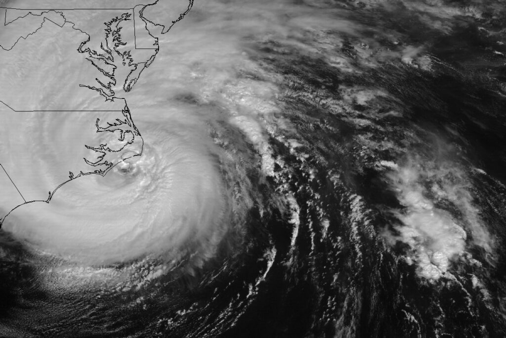 A satellite image of Hurricane Isabel at landfall on September 18, 2003