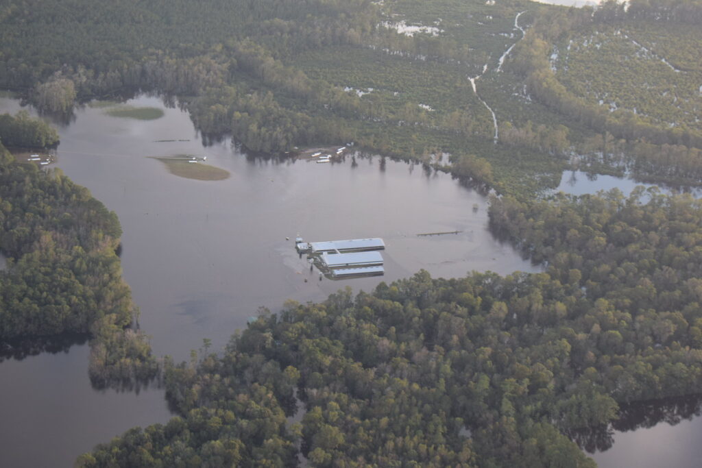 An aerial photo of a flooded farm in Jones County