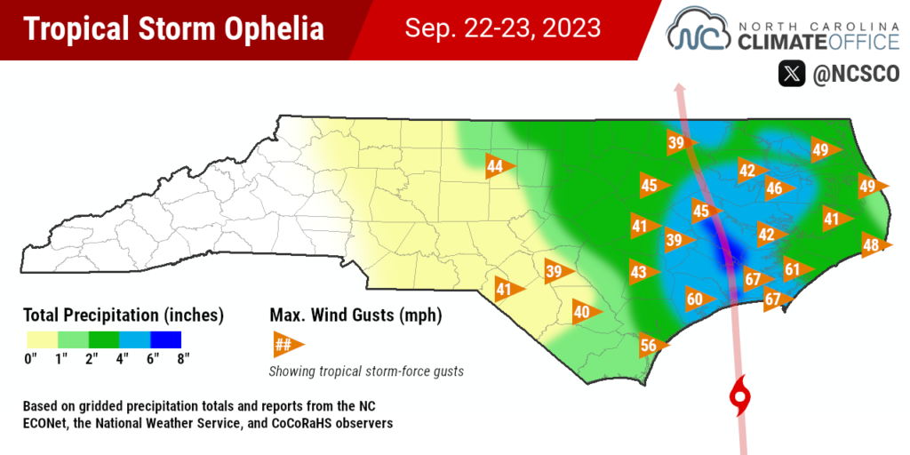 A map of precipitation totals and maximum wind gusts from Tropical Storm Ophelia