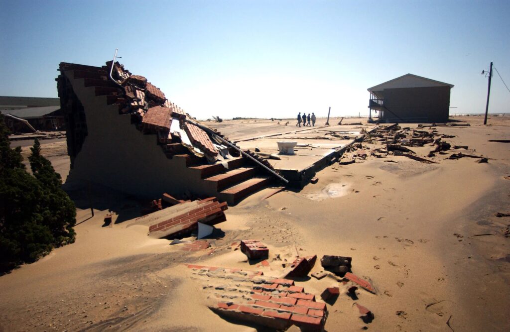 A photo of a brick stairway in the sand on the site of the former Sea Gull Motel in Hatteras