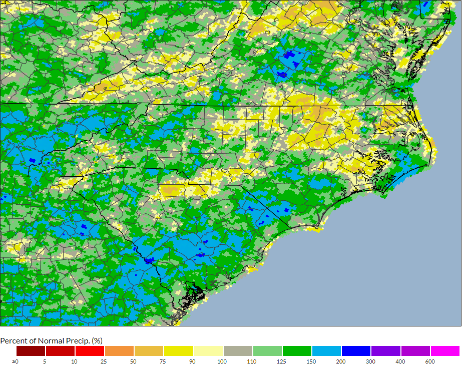 A map of percent of normal precipitation for the 90 days ending on August 31, 2023