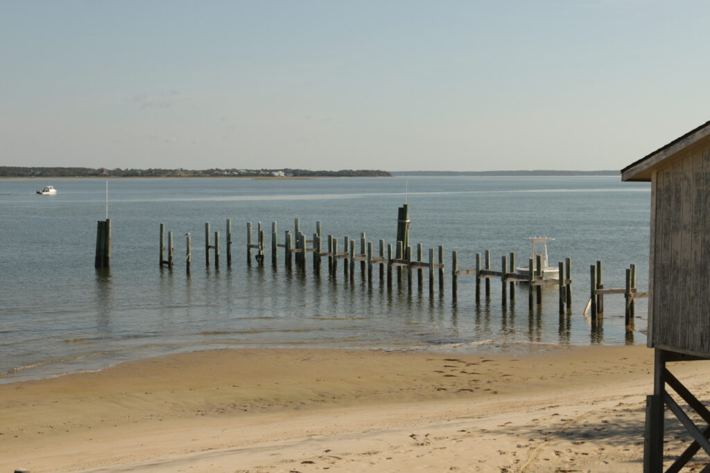 A photo of a damaged dock on Harkers Island