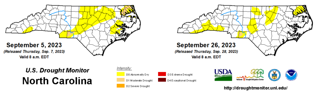 A comparison of drought maps from September 5 and 26, 2023, in North Carolina