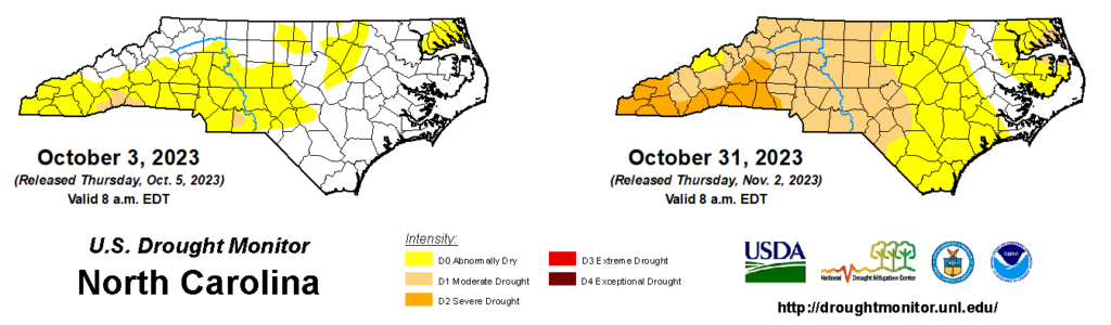 A comparison of drought maps from October 3 and 24, 2023, in North Carolina