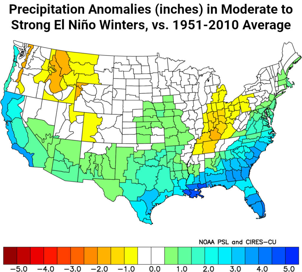 A map of climate division-based precipitation anomalies in moderate to strong El Niño winters