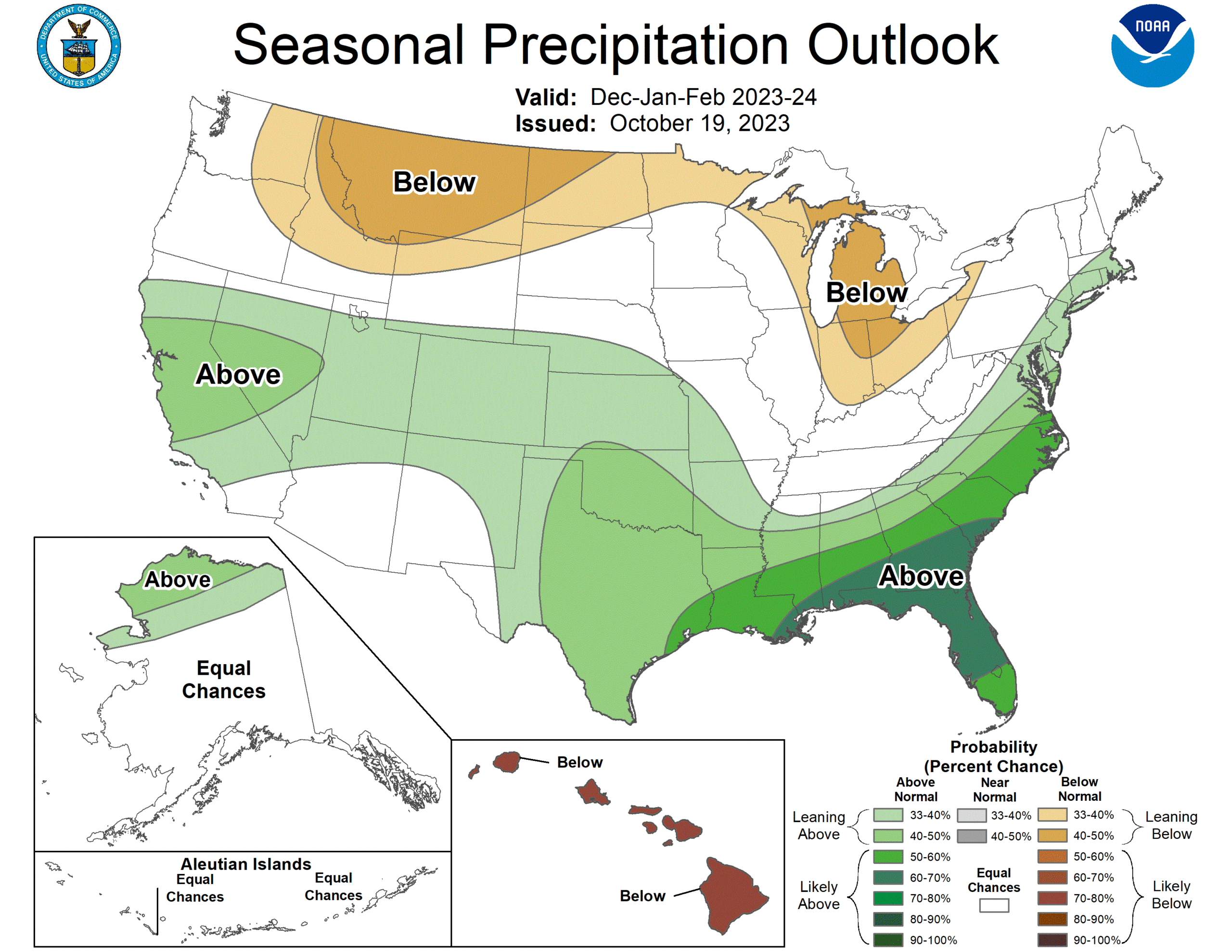 A map showing NOAA's seasonal precipitation outlook for December, January, and February