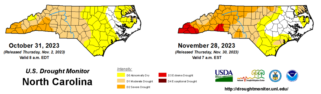 A comparison of drought maps from October 31 and November 28, 2023, in North Carolina