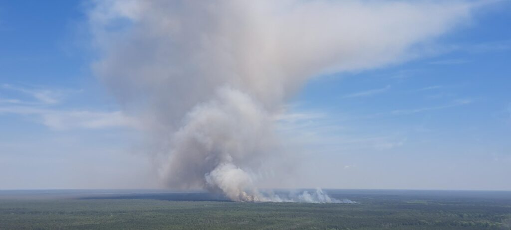 A photo of smoke rising from the Great Lakes Fire in eastern North Carolina on April 20, 2023