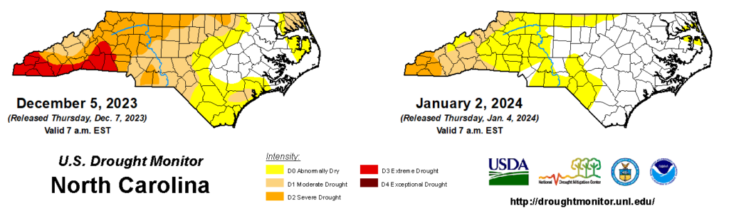 A comparison of drought maps from December 5, 2023, and January 2, 2024, in North Carolina